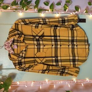 Women's No Boundaries Hooded Plaid Flannel Black Mustard Yellow M